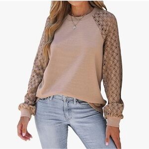 Boho Cottagecore Miholl Pinkish Beige Long Sleeve Top Lacey Eyelet Sleeves Sz M